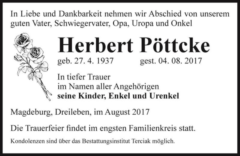  Traueranzeige für Herbert Pöttcke  vom 08.08.2017 aus Magdeburger Volksstimme