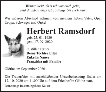 Traueranzeige von Herbert Ramsdorf  von Magdeburger Volksstimme