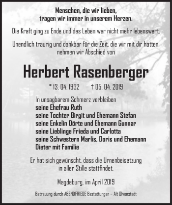 Traueranzeige von Herbert Rasenberger  von Magdeburger Volksstimme