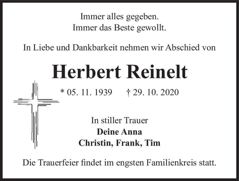  Traueranzeige für Herbert Reinelt  vom 14.11.2020 aus Magdeburger Volksstimme