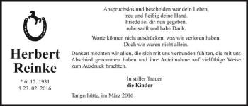 Traueranzeige von Herbert Reinke  von Magdeburger Volksstimme