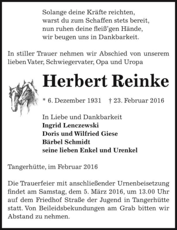Traueranzeige von Herbert Reinke  von Magdeburger Volksstimme