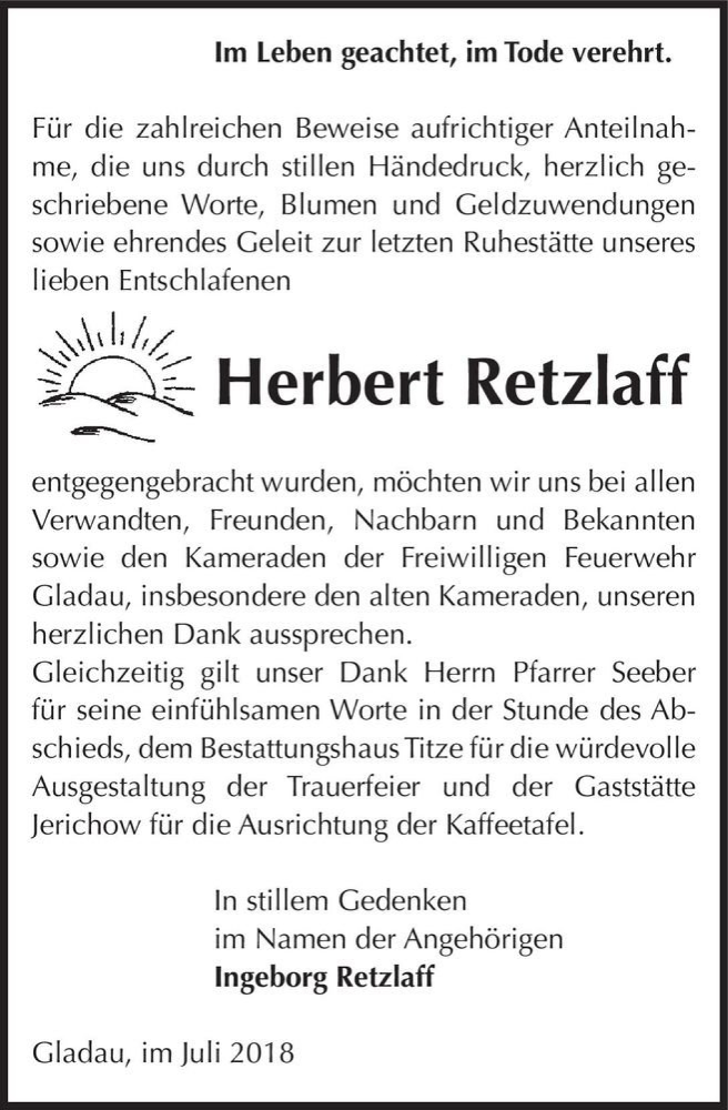  Traueranzeige für Herbert Retzlaff  vom 21.07.2018 aus Magdeburger Volksstimme