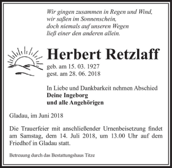 Traueranzeige von Herbert Retzlaff  von Magdeburger Volksstimme