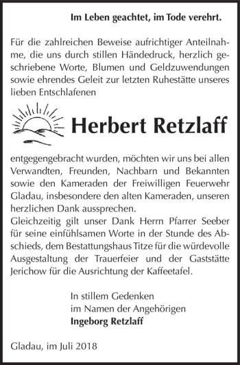 Traueranzeige von Herbert Retzlaff  von Magdeburger Volksstimme
