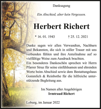 Traueranzeige von Herbert Richert  von Magdeburger Volksstimme