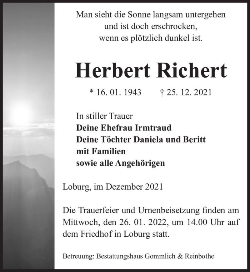  Traueranzeige für Herbert Richert  vom 08.01.2022 aus Magdeburger Volksstimme