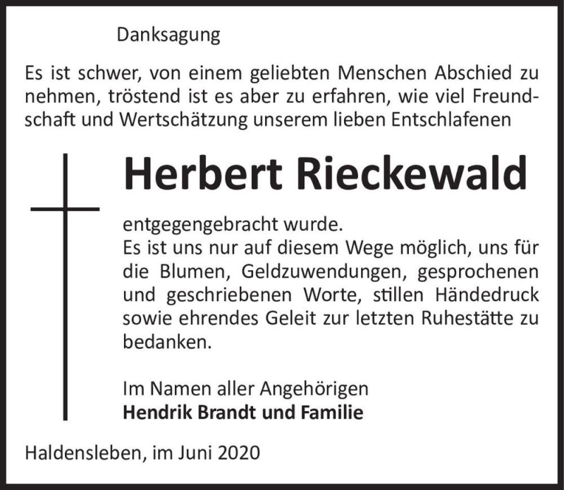  Traueranzeige für Herbert Rieckewald  vom 20.06.2020 aus Magdeburger Volksstimme