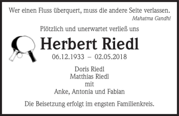 Traueranzeige von Herbert Riedl  von Magdeburger Volksstimme