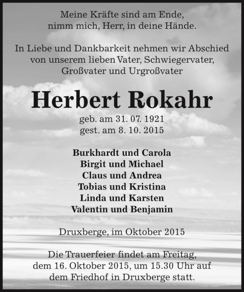  Traueranzeige für Herbert Rokahr  vom 14.10.2015 aus Magdeburger Volksstimme