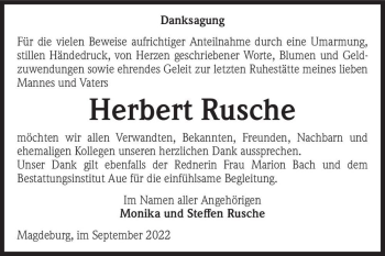 Traueranzeige von Herbert Rusche  von Magdeburger Volksstimme