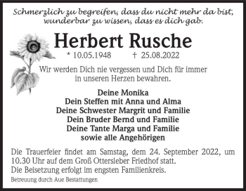 Traueranzeige von Herbert Rusche  von Magdeburger Volksstimme