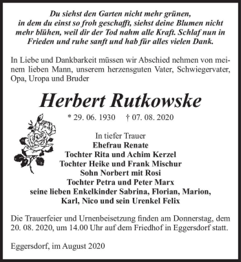 Traueranzeige von Herbert Rutkowske  von Magdeburger Volksstimme