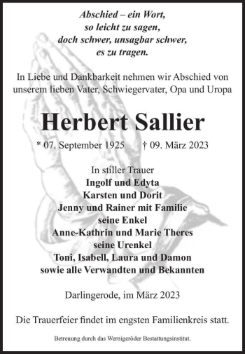 Traueranzeige von Herbert Sallier  von Magdeburger Volksstimme