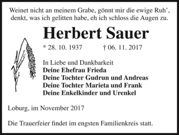 Traueranzeige von Herbert Sauer  von Magdeburger Volksstimme