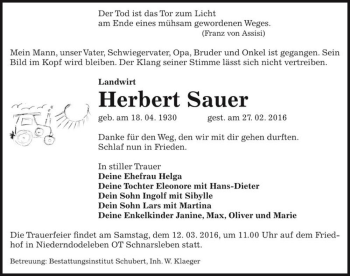 Traueranzeige von Herbert Sauer  von Magdeburger Volksstimme