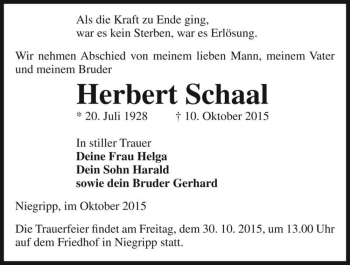 Traueranzeige von Herbert Schaal  von Magdeburger Volksstimme
