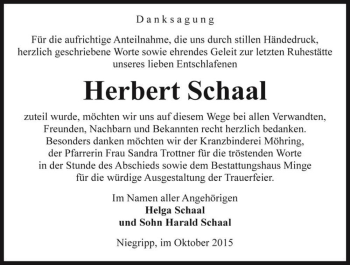 Traueranzeige von Herbert Schaal  von Magdeburger Volksstimme