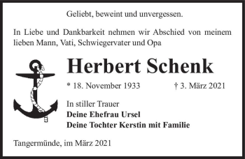 Traueranzeige von Herbert Schenk  von Magdeburger Volksstimme