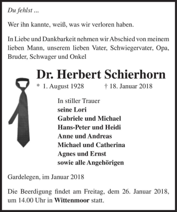 Traueranzeige von Herbert Schierhorn  von Magdeburger Volksstimme