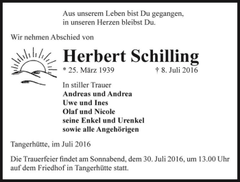 Traueranzeige von Herbert Schilling  von Magdeburger Volksstimme