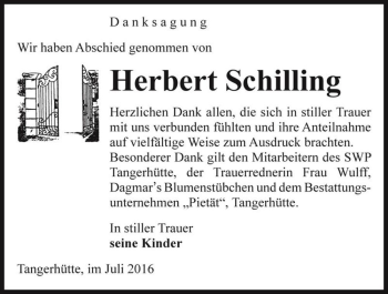 Traueranzeige von Herbert Schilling  von Magdeburger Volksstimme