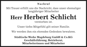 Traueranzeige von Herbert Schlicht  von Magdeburger Volksstimme