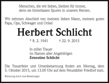 Traueranzeige von Herbert Schlicht  von Magdeburger Volksstimme