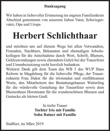 Traueranzeige von Herbert Schlichthaar  von Magdeburger Volksstimme
