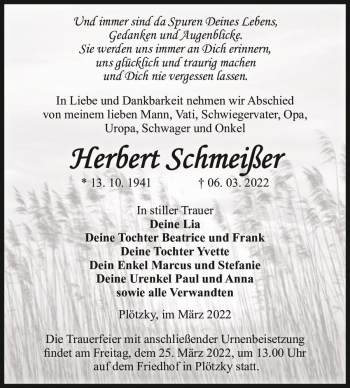 Traueranzeige von Herbert Schmeißer  von Magdeburger Volksstimme