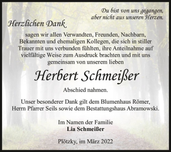 Traueranzeige von Herbert Schmeißer  von Magdeburger Volksstimme