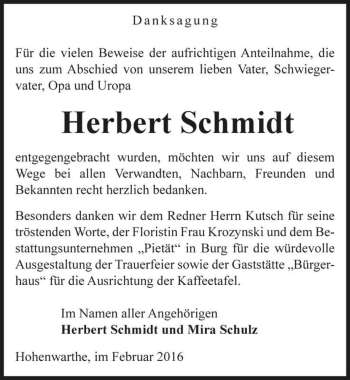 Traueranzeige von Herbert Schmidt  von Magdeburger Volksstimme