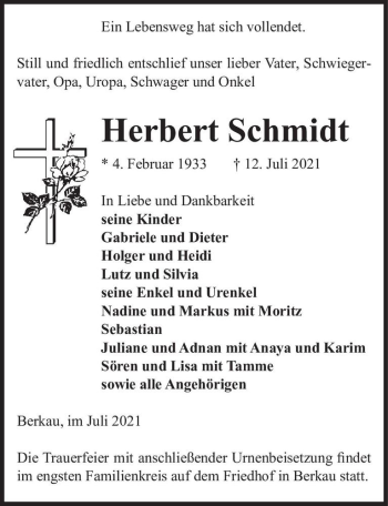 Traueranzeige von Herbert Schmidt  von Magdeburger Volksstimme