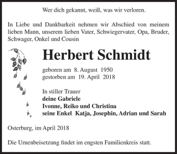 Traueranzeige von Herbert Schmidt  von Magdeburger Volksstimme