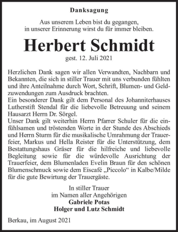Traueranzeige von Herbert Schmidt  von Magdeburger Volksstimme