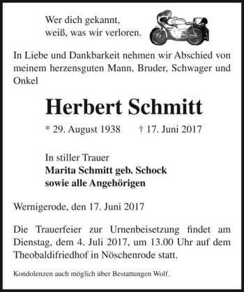 Traueranzeige von Herbert Schmitt  von Magdeburger Volksstimme