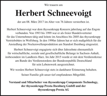 Traueranzeige von Herbert Schneevoigt  von Magdeburger Volksstimme
