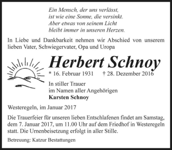 Traueranzeige von Herbert Schnoy  von Magdeburger Volksstimme