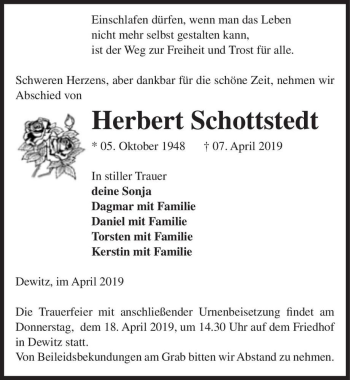 Traueranzeige von Herbert Schottstedt  von Magdeburger Volksstimme