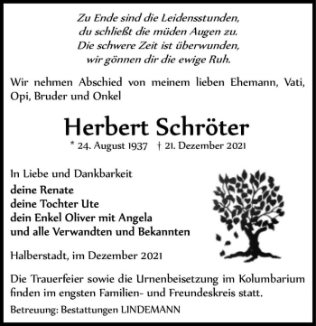 Traueranzeige von Herbert Schröter  von Magdeburger Volksstimme