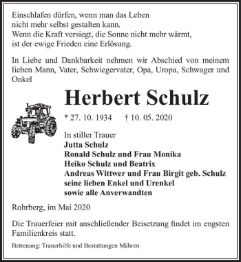Traueranzeige von Herbert Schulz  von Magdeburger Volksstimme