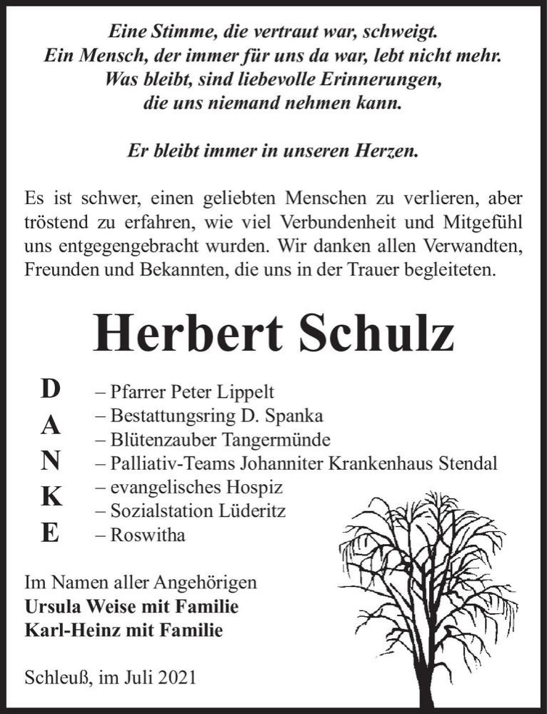  Traueranzeige für Herbert Schulz  vom 29.07.2021 aus Magdeburger Volksstimme