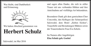Traueranzeige von Herbert Schulz  von Magdeburger Volksstimme