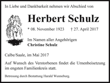 Traueranzeige von Herbert Schulz  von Magdeburger Volksstimme