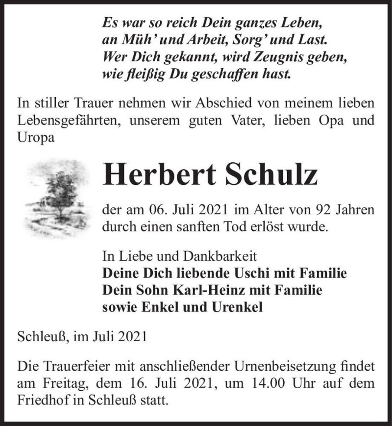  Traueranzeige für Herbert Schulz  vom 12.07.2021 aus Magdeburger Volksstimme