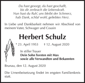 Traueranzeige von Herbert Schulz  von Magdeburger Volksstimme