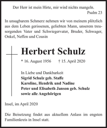 Traueranzeige von Herbert Schulz  von Magdeburger Volksstimme