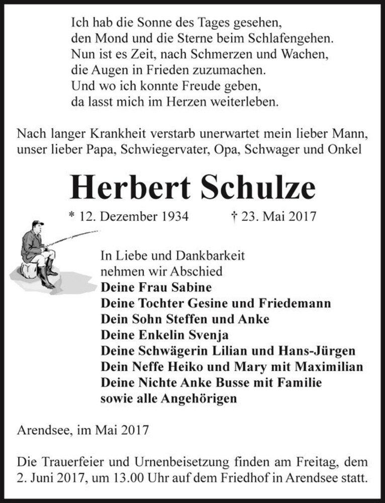  Traueranzeige für Herbert Schulze  vom 26.05.2017 aus Magdeburger Volksstimme
