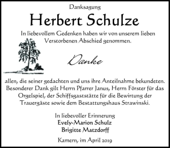 Traueranzeige von Herbert Schulze  von Magdeburger Volksstimme