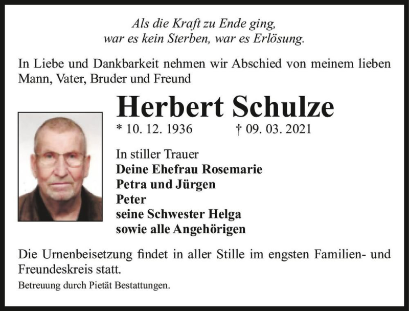  Traueranzeige für Herbert Schulze  vom 03.04.2021 aus Magdeburger Volksstimme